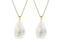FM FM42 2PCS Natural Real Dried Forget-me-not Flowers Silver-tone Simulated Resin Pendant Necklaces, Zinc, No Gemstone