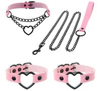 FM FM42 Multicolor PU Simulated Leather Black/Silver-tone Heart Ring with Detachable Chain Leash Collar Choker Necklace and Bracelet Set, Metal, No Gemstone