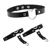 FM FM42 Multicolor PU Simulated Leather Silver-tone Love Heart Ring Collar Choker Necklace and Garter Set, Zinc, No Gemstone