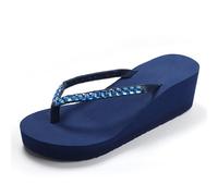 FM2018XSL Women's Flip Flop Sandals Waterproof and Shiny Flip Flop With High Heels and Shiny Sequins, Non-slip and Comfortable Flip Flop,S,Blu