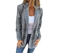 FM2018XSL Women's Tweed Blazers Business Casual Long Sleeve Double Breasted Jackets Open Front Work Suits Plus Size S-5XL Blue