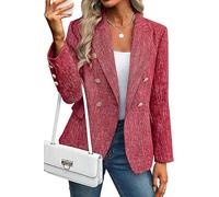 FM2018XSL Women's Tweed Jackets, Open Front Plaid Tweed Suit Jacket Casual Long Sleeve Office Jacket Blazer with Pockets Elegant Coat Red