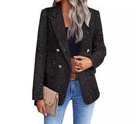 FM2018XSL Women's Tweed Jackets, Open Front Plaid Tweed Suit Jacket, Casual Long Sleeve Office Jacket Blazer with Pockets Elegant Coat