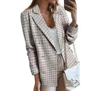 FM2018XSL Women's Tweed Jackets, Open Front Plaid Tweed Suit Jacket, Casual Long Sleeve Office Jacket Blazer with Pockets Elegant Coat