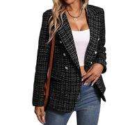 FM2018XSL Women's Tweed Jackets, Open Front Plaid Tweed Suit Jacket, Casual Long Sleeve Office Jacket Blazer with Pockets Elegant Coat Black