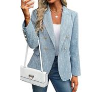 FM2018XSL Women's Tweed Jackets, Open Front Plaid Tweed Suit Jacket Casual Long Sleeve Office Jacket Blazer with Pockets Elegant Coat Blue