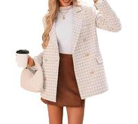 FM2018XSL Women's Tweed Jackets, Open Front Plaid Tweed Suit Jacket, Casual Long Sleeve Office Jacket Blazer with Pockets Elegant Coat