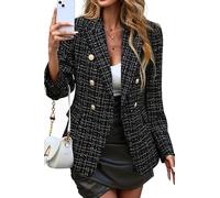 FM2018XSL Women's Tweed Jackets, Open Front Plaid Tweed Suit Jacket Casual Long Sleeve Office Jacket Blazer with Pockets Elegant Coat Black