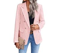 FM2018XSL Women's Tweed Jackets, Open Front Plaid Tweed Suit Jacket, Casual Long Sleeve Office Jacket Blazer with Pockets Elegant Coat Pink