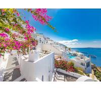 Fmarui 10x8ft Santorini Island Backdrop, Greece Oia White Architecture & Blue Sea Background for Mamma Mia Party Decorations, Greek Birthday & Kids Photo Props