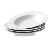 fMBB Ceramic Soup Bowls, 4 Pack White Dinner Plates, Porcelain, Classic Style, 8.5 Inch Shallow Bowls - Ideal for Soup, Dessert, Salad and Pasta, Microwave and Dishwasher Safe