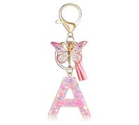 Fmeida Initial Letter Keychains for Women - Pink Key Ring with Tassel & Butterfly Charm, A
