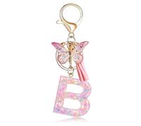 Fmeida Initial Letter Keychains for Women - Pink Key Ring with Tassel & Butterfly Charm, B