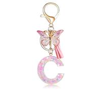 Fmeida Initial Letter Keychains for Women - Pink Key Ring with Tassel & Butterfly Charm, C