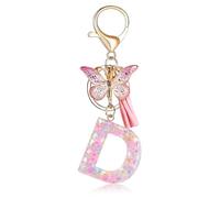Fmeida Initial Letter Keychains for Women - Pink Key Ring with Tassel & Butterfly Charm, D