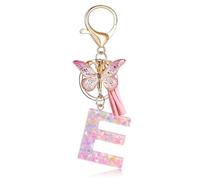 Fmeida Initial Letter Keychains for Women - Pink Key Ring with Tassel & Butterfly Charm, E