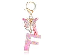 Fmeida Initial Letter Keychains for Women - Pink Key Ring with Tassel & Butterfly Charm, F