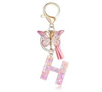 Fmeida Initial Letter Keychains for Women - Pink Key Ring with Tassel & Butterfly Charm, H