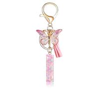Fmeida Initial Letter Keychains for Women - Pink Key Ring with Tassel & Butterfly Charm, I