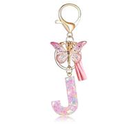 Fmeida Initial Letter Keychains for Women - Pink Key Ring with Tassel & Butterfly Charm, J