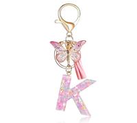 Fmeida Initial Letter Keychains for Women - Pink Key Ring with Tassel & Butterfly Charm, K