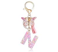Fmeida Initial Letter Keychains for Women - Pink Key Ring with Tassel & Butterfly Charm, N