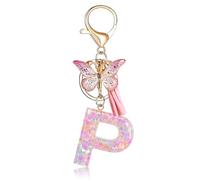Fmeida Initial Letter Keychains for Women - Pink Key Ring with Tassel & Butterfly Charm, P