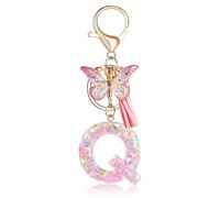 Fmeida Initial Letter Keychains for Women - Pink Key Ring with Tassel & Butterfly Charm, Q