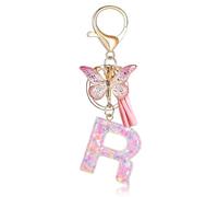 Fmeida Initial Letter Keychains for Women - Pink Key Ring with Tassel & Butterfly Charm, R