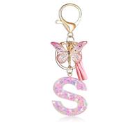 Fmeida Initial Letter Keychains for Women - Pink Key Ring with Tassel & Butterfly Charm, S