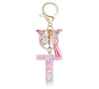 Fmeida Initial Letter Keychains for Women - Pink Key Ring with Tassel & Butterfly Charm, T