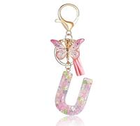 Fmeida Initial Letter Keychains for Women - Pink Key Ring with Tassel & Butterfly Charm, U