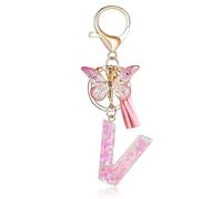 Fmeida Initial Letter Keychains for Women - Pink Key Ring with Tassel & Butterfly Charm, V