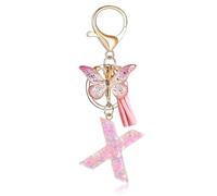 Fmeida Initial Letter Keychains for Women - Pink Key Ring with Tassel & Butterfly Charm, X