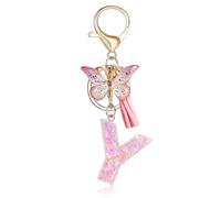 Fmeida Initial Letter Keychains for Women - Pink Key Ring with Tassel & Butterfly Charm, Y