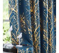 Fmfunctex 100% Blackout Curtains for Bedroom, Gold on Blue Curtains 96 inches Foil Tree Print Tree Curtains for Living Room, Modern Energy Efficient Shiny Metallic Branch Curtain Grommet Top 2 Panels