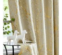 FMFUNCTEX 100% Blackout Curtains Ivory Gold Tree for Living Room, Curtains 84 Inches Long Foil Branch Patterned Panels for Bedroom, Thermal Insulated Drapes Home Office Grommet Top 2 Panels