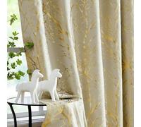 Fmfunctex Blackout Thermal Curtains for Bedroom 72 Inch Drop Beige Gold Eyelet Curtains for Living Room Branch Foil Print Room Darkening Energy Saving Window Curtain Drapes 2 Panels