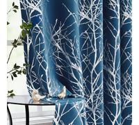 Fmfunctex Blackout Thermal Curtains for Bedroom 72 Inch Drop Navy Silver Eyelet Curtains for Living Room Branch Foil Print Room Darkening Energy Saving Window Curtain Drapes 2 Panels