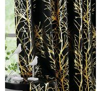 Fmfunctex Blackout Thermal Curtains for Living Room 90 Inch Drop Black Gold Eyelet Curtains for Bedroom Branch Foil Print Room Darkening Energy Saving Window Curtain Drapes 2 Panels