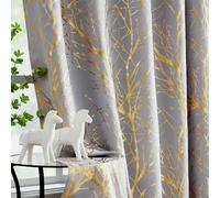 Fmfunctex Blackout Thermal Curtains for Living Room 90 Inch Drop Grey Gold Eyelet Curtains for Bedroom Branch Foil Print Room Darkening Energy Saving Window Curtain Drapes 2 Panels