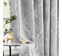 Fmfunctex Blackout Thermal Curtains for Living Room 90 Inch Drop Grey Silver Eyelet Curtains for Bedroom Branch Foil Print Room Darkening Energy Saving Window Curtain Drapes 2 Panels