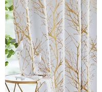 Fmfunctex Blackout Thermal Curtains for Living Room 90 Inch Drop White Gold Eyelet Curtains for Bedroom Branch Foil Print Room Darkening Energy Saving Window Curtain Drapes 2 Panels