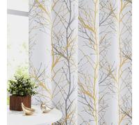 Fmfunctex Blackout Thermal Curtains for Living Room 90 Inch Drop Yellow White Eyelet Curtains for Bedroom Branch Print Room Darkening Energy Saving Window Curtain Drapes 2 Panels