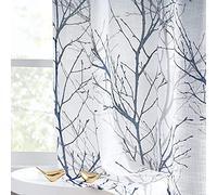 Fmfunctex Blue Semi Sheer Curtains for Bedroom 72 Drop Grey Voile Curtains for Living Room Tree Branch Eyelet Curtain Linen Textured Light Filtering Window Curtain Drapes for Dining Room 2 Panels
