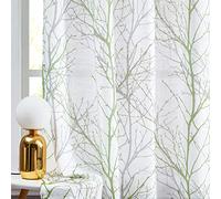 Fmfunctex Green Semi Sheer Curtains for Living Room 90 Drop Grey Voile Curtains for Bedroom Tree Branch Eyelet Curtain Linen Textured Light Filtering Window Curtain Drapes for Dining Room 2 Panels