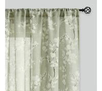 Fmfunctex Green Sheer Curtains for Living-Room White Blossom Print on Flax Linen Blend Window Drapes 63" 2 Panels, Sage, Rod Pocket