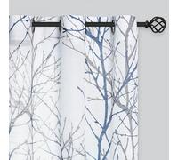 Fmfunctex Linen Semi Sheer Curtains for Bedroom, Blue White Curtains 108 Inches Long for Living Room, Grey Tree Branch Patterned Curtain Light Filtering Extra Long Window Drapes, Grommet Top 2 Panels