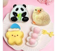 Fmiiour 4Pcs Taba Style Squishy Toys for Adults, Soft TPR Stress Relief Squeeze Toys, Fluffy Chick Panda Star Strawberry Fidget Toys, Cute Kawaii Desk Toys for Anxiety, Stocking Stuffers (Mixed Set)