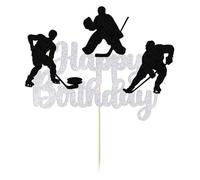 FmiyunEea Hockey Happy Birthday Cake Topper | Silver Black Glitter, Ice Hockey Player Silhouette Birthday Cake Decoration Sports Theme Boy Men Party Supplies